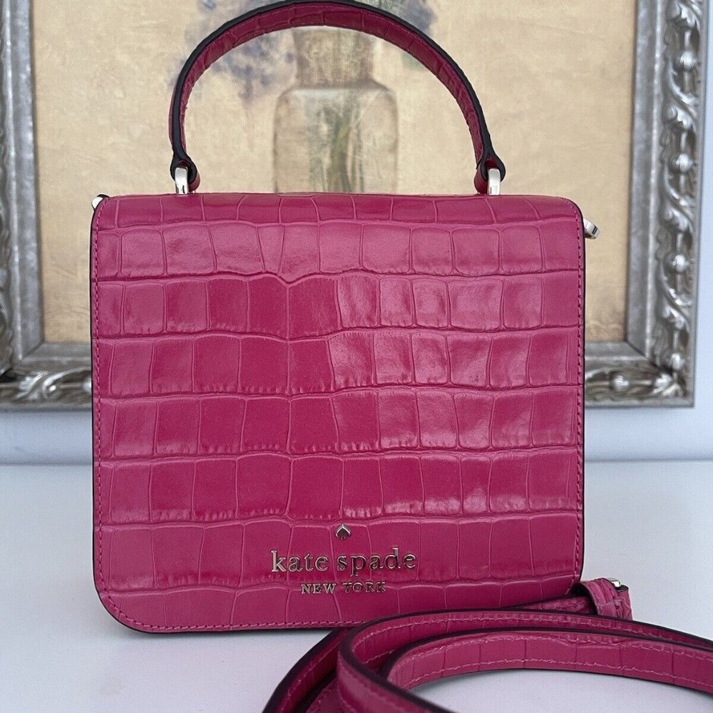 NWT Kate Spade Croc Embossed Square Crossbody Handbag In Festive Pink